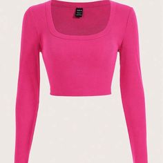 New With Tag Crop Top Long Sleeve Pink Pink Long Sleeve Crop Top, Long Sleeve Shirt Outfits, Hot Pink Shirt, Hot Pink Tops, Pink Long Sleeve Shirt, Pink Crop Top, Crop Top Outfits, Long Crop Top, Pink Outfits