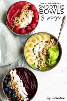 three bowls filled with fruit and yogurt on top of a white tablecloth