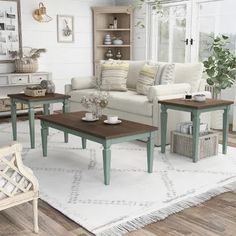 a living room filled with furniture and a white rug on top of a hard wood floor