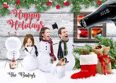 a christmas card with two people and a hair dryer in the snow, surrounded by holiday decorations