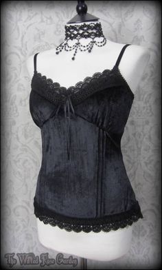 Romantic Gothic Black Velvet Lace Camisole Top 10 Victorian Vamp Elegant Goth | THE WILTED ROSE GARDEN The Wilted Rose Garden, 90s Goth Style, Casual Romantic Goth, Romantic Goth Style, Camisole Top Outfit, Goth Elegant, Vamp Goth, Wilted Rose, Goth Tops