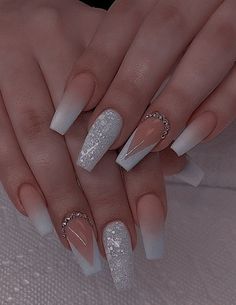 Nails Nails Acrylic Square Neutral, Glam Nails White, Hollywood Nails Ideas, Nails Acrylic Crystal, Coffin Shape Wedding Nails, Coffin Bridal Nails Wedding, Short Nail Designs For Graduation, Grad Nail Designs, Bride Acrylic Nails Wedding