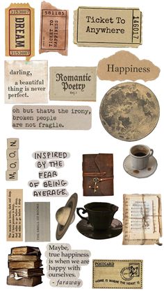 an assortment of different types of paper with words and pictures on them, including books