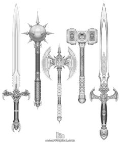 four different types of swords are shown in black and white