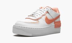 The Women’s Nike Air Force 1 Low Shadow “Pink Quartz” is a women’s colorway of the low-top shoe with a modified design. Designed in the vein of high fashion label sacai’s footwear collaborations with Nike that feature a “doubled” aesthetic, the “Pink Quartz” has layered eyelets, dual Swooshes on either side, and two heel counters. Each of the aforementioned details incorporates Pink Quartz accenting that stands out in contrast to the white leather base. A salmon colored “Air” overlay above the w Nike Shoes Air Force, Cute Nike Shoes, Shoes Air, Casual Sneakers Women, Cute Nikes, Nike Air Force 1 Low, Stadium Goods, Air Force 1 Low, Pink Quartz