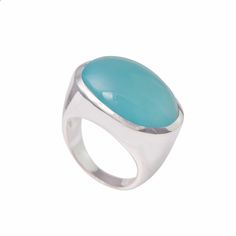 A beautiful handcrafted statement ring in solid sterling silver with a large oval shaped cabochon cut gemstone.  The ring is made of a thick band of silver, which is wide at the stone and gently tapers narrower towards the back.  The band is raised for the stone to be set into it, giving it a bold and chunky look.  Also available in various gemstones. - Sterling Silver - Gemstone: Aqua Chalcedony - Gemstone Dimensions: Approx. 21mm x 15mm - Comes in a Gift Box Aqua Chalcedony Ring, Ruby Quartz, Jewelry Vendor, Chalcedony Ring, Gemstone Bangle, Aqua Chalcedony, Gold Diamond Jewelry, Glass Beaded Bracelets, Gemstone Studs