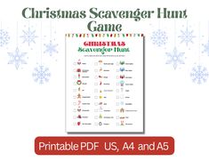 the christmas scavenger hunt game is shown with snowflakes in the background