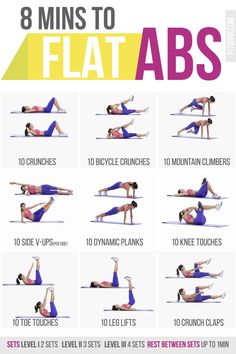 a woman doing the 8 mins to flat abs with her arms and legs in different positions