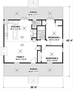 the floor plan for a small cabin home with two bedroom and an attached living area