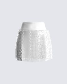 A classic style, just elevated 💅 Demand attention with this white vegan leather skirt - Complete with laser-cut floral scallop details, and layered tiers that add an extra punch of attitude, ensuring you stand out wherever you go 🤍 Elegant Summer Skirt With Cutwork Hem, Elegant White Lace Mini Skirt, Elegant White Skirt With Cutwork Hem, White Ruffled Skort For Party, Chic White Lace Mini Skirt, Chic Summer Skirt With Cutwork Hem, Elegant White Party Skort, Fitted White Mini Skirt With Lace Trim, White Lace Mini Skirt With Ruffles