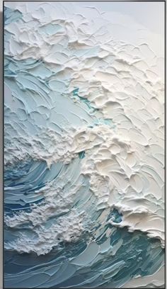 an abstract painting with white and blue waves