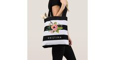 This personalized "Classic Black White Stripes Floral Shopping" Tote Bag is a great every day bag to take you through your day! Carry a custom tote bag and head out to the street, supermarket, school, or park. It's a perfect way to show off your own style. Customizable Casual Bag For Everyday Use, Casual Customizable Bags For Everyday Use, Casual Customizable Bags For Everyday, Casual Customizable Shopping Bag, Customizable Daily Use Bags, Personalized Casual Tote Bag, Casual Personalized Tote Bag, Personalized White Bags For Shopping, Personalized Black Rectangular Bag