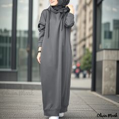 Olivia Mark - Plush Hooded Drawstring Sweater with Solid Color, Loose Fit, Casual Pocket, and Long Sleeves Long Sleeve Sweatshirt Dress, Hoodie Sweatshirt Dress, Sundress Casual, Stylish Hoodies, Long Sweater Dress, Muslim Dress, Winter Pullover, Hooded Dress, Long Sleeve Maxi