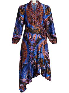 purple/multicolour floral print wraparound style self-tie fastening V-neck long puff sleeves asymmetric hem mid-length Purple Midi Dress, Wardrobe Edit, Yoko London, Wrap Midi Dress, Dress Purple, Long Puff Sleeves, Farm Rio, Exclusive Fashion, Asymmetric Hem