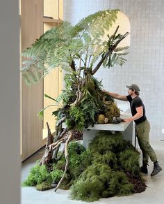 a man standing next to a tree filled with plants