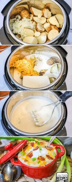 three different types of food being cooked in pans