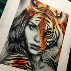 a pencil drawing of a woman with a tiger on her shoulder and the face of a tiger