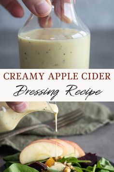 an apple cider dressing recipe is being drizzled on top of a salad