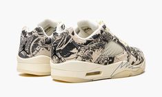 The Women’s Air Jordan 5 Low “Expression” is the women’s sizing of the retro basketball shoe in a colorway with an abstract, mismatched design.  As noticeable a shoe as any from Jordan Brand in 2022, the “Expression” Women’s Jordan 5 Low is complete with a tan and brown print throughout its upper.  The look varies slightly from the left shoe to the right shoe.  Translucent netting appears on the tongue and mid-panel.  A black Jumpman logo is embroidered on the heel and on the tongue.  Cream lace Air Jordan 5 Retro Low, Retro Basketball Shoes, Retro Basketball, Jumpman Logo, Air Jordan 5 Retro, Air Jordan 5, Stadium Goods, Jordan 5, Cream Lace