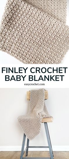 an easy crochet baby blanket is shown with the text overlaying it