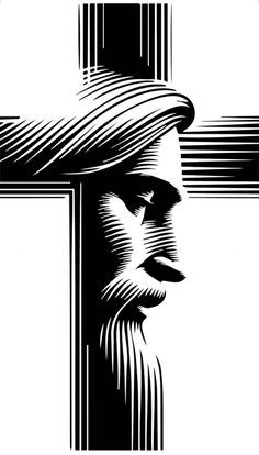 a black and white image of a man with a beard wearing a hat on top of a cross