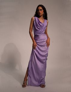 Cowl Dress Draping, Drape Dresses Indian, Satin Drape Dress, Cascade Dress, Purple Satin Dress, Drapey Dress, Cowl Dress, Bias Cut Dress, Aline Skirt