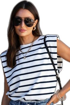 Striped Stretch T-shirt For Summer, Summer Striped Stretch T-shirt, Striped Crew Neck Tops For Vacation, Summer Striped Stretch Top, Striped Stretch Tops For The Beach, Striped Stretch Tops For Beach, Chic Striped T-shirt For Summer, Striped T-shirt For Summer Day Out, Chic Striped T-shirt For Spring