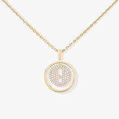 Worn to accentuate a neckline with a touch of elegance or layered with another diamond necklace for an on-trend look, the Lucky Move medallion pendant with pavé diamonds is the new timeless diamond jewel by Messika. Set with diamonds, this yellow gold diamond necklace reimagines the famous Move motif with pure elegance. You’ll love its chain, which has a sliding system that makes it possible to adjust the diamond necklace to the length of your choice. You'll love this yellow gold diamond necklac Elegant Round Diamond Necklace With Detachable Pendant, Modern Diamond White Diamond Necklaces, Luxury Diamond Necklaces With Single Cut Diamonds, Luxury Necklace With Brilliant Cut Round Pendant, Luxury Medallion Necklace With Brilliant Cut, Modern Diamond Necklace With Accents, Luxury Brilliant Cut Round Pendant Necklace, Luxury Diamond White Initial Pendant Jewelry, Modern Diamond White Necklaces With Diamond Accents