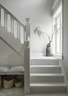 there is a potted plant sitting on the stairs next to some pillows and baskets