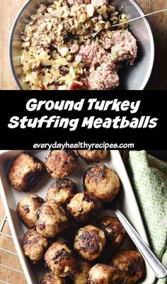 Stuffing ingredients in bowl with spoon and fried stuffing meatballs in pan with spoon. Stuffing Meatballs, Sausage Meat Stuffing, Pork Stuffing, Meat Stuffing, Turkey Christmas, Sausage Meat, Stuffing Balls, Turkey Stuffing