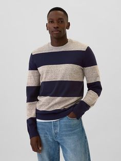 Stripe Crewneck Sweater | Gap Factory Striped Sweatshirt With Striped Cuffs For Fall, Fall Striped Sweatshirt With Striped Cuffs, Casual Crew Neck Sweatshirt With Striped Cuffs, Knit Sweater With Contrast Stripes Crew Neck, Knit Crew Neck Sweater With Contrast Stripes, Striped Crew Neck Sweatshirt With Ribbed Collar, Striped Crew Neck Sweater With Ribbed Cuffs, Crew Neck Top With Striped Cuffs For Winter, Classic Striped Tops With Ribbed Cuffs