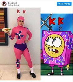 a woman in pink and purple is standing next to an image of spongebob