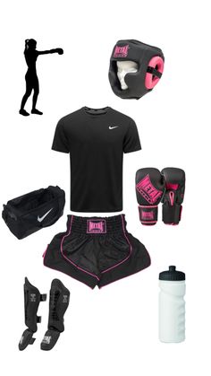 a woman's outfit with boxing gear and accessories