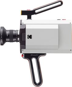 a white camera with a black handle attached to it