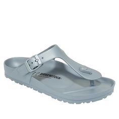 Birkenstock Gizeh Essentials EVA Metallic Thong Sandal  Make a splash at the beach or poolside wearing this colorful, water-friendly sandal. They're made with the same Birkenstock contoured footbed you know and love, only it's all part of the waterproof EVA design. Cushioned T-strap Flip Flops For Vacation, Cushioned T-strap Flip Flops For Beach, Comfortable T-strap Flip Flops For Beach, Beach T-strap Flip Flops With Cushioned Footbed, Beach Flip Flops With Cushioned Footbed And T-strap, Casual T-strap Flip Flops For Beach, Flat Slip-resistant Sandals For Beach, Beach Slip-resistant Flat Sandals, Waterproof Beach Sandals For Spring