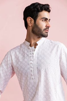 pearl white chikankari kurta republic White Chikankari Kurta, Cotton Chikankari Kurta, Omar Farooq, Chikankari Kurta, Trendy Collection, Fashion Consultant, Band Collar, Floral Motifs, Top Fabric