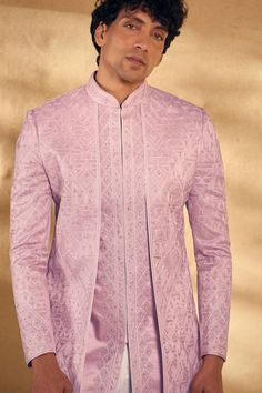 Onion pink overlap panel sherwani with embroidered geometric patterns. Comes with pant. - Aza Fashions Pink Long Sleeve Bandhgala For Reception, Fitted Pink Sherwani With Cutdana, Pink Fitted Sherwani With Cutdana, Pink Fitted Nehru Jacket With Chikankari Embroidery, Traditional Fitted Pink Bandhgala, Pink Fitted Sherwani For Designer Wear, Pink Fitted Nehru Jacket With Resham Embroidery, Fitted Pink Sherwani For Reception, Pink Long Sleeve Bandhgala With Cutdana