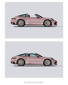 two different views of a pink sports car