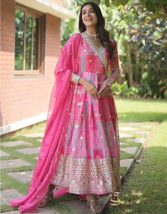 russian silk trendy designer party wear readymade gown with dupatta gown with designer digital printed and embroidery work and pink dupatta 13623-acy3837 Front View Shiva Tandav, Evening Gowns Online, Suits Indian, Pink Dupatta, Anarkali Dresses, Georgette Anarkali, Gown With Dupatta, Prom Dresses Gowns, Anarkali Gown