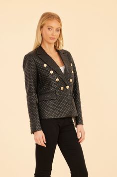 Our Quilted Faux Leather Double-Breasted Blazer is perfect for staying comfortably warm without sacrificing style during those chilly autumn days. A must-have staple for your seasonal wardrobe, this striking blazer features a classic double-breasted design accentuated with metallic buttons, as well as a flattering tailored fit. The quilted faux leather material adds texture and warmth, making it an ideal layering piece for both professional and casual settings. Faux leather Quilted design Double Chic Leather Blazer With Snap Buttons, Winter Faux Leather Single Breasted Blazer, Winter Faux Leather Single-breasted Blazer, Winter Single Breasted Faux Leather Blazer, Winter Business Faux Leather Blazer, Winter Formal Faux Leather Blazer, Luxury Fall Blazer With Button Closure, Winter Office Blazer In Faux Leather, Fitted Faux Leather Blazer For Fall