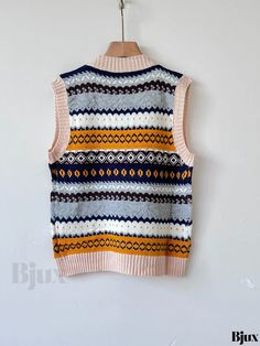 Bjux - Womens Ethnic Print Knit Sleeveless Vest with Vintage V-Neck - Versatile and Stylish Attire for All Seasons Ethnic Print, Sweater Vintage, Sleeveless Vest, Pattern Blocks, Vintage Fabric, All Seasons, Knit Sweater, Color Block, Collar Styles