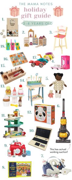 the holiday gift guide for children is shown with toys and other items in front of it