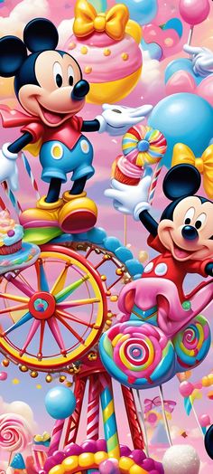 mickey and minnie mouse on a carnival ride with candy land in the backgroud