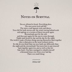 a poem written in black and white with an umbrella on it's side, which reads notes on survival