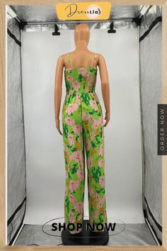 Boho Floral Print Spaghetti Strap Wide Leg Jumpsuit Green Fitted Jumpsuit With Spaghetti Straps, Fitted Green Jumpsuit With Spaghetti Straps, Green Fitted Spaghetti Strap Jumpsuit, Summer Green Jumpsuit With Spaghetti Straps, Spring Floral Print Jumpsuits With Spaghetti Straps, Summer Green Jumpsuits With Spaghetti Straps, Green Spaghetti Strap Jumpsuits And Rompers For Summer, Green Spaghetti Strap Jumpsuits For Summer, Green One-piece Jumpsuits And Rompers For Summer