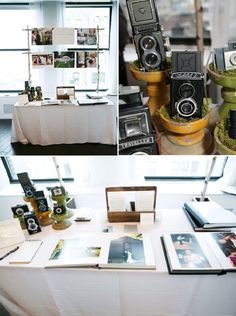 there are many different pictures on the table and in front of them is a speaker