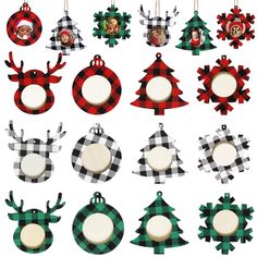 christmas ornaments are hanging from the ceiling and decorated with buffalo, plaid ornament