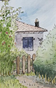 a watercolor painting of a house with a fence