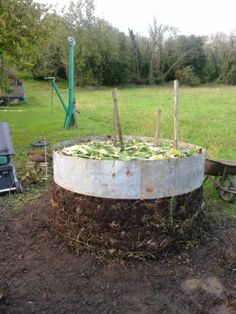 there is a wheelbarrow that has been dug into the ground to plant vegetables