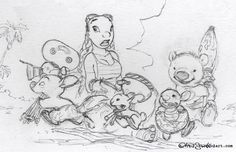 a pencil drawing of some cartoon characters sitting on the ground with one person holding an umbrella